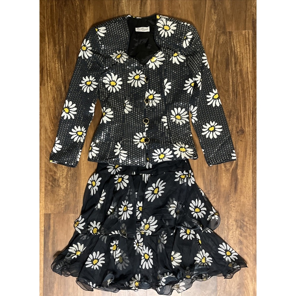 Nili Richards vintage Skirt Suit Black Daisy Flowers womens 8